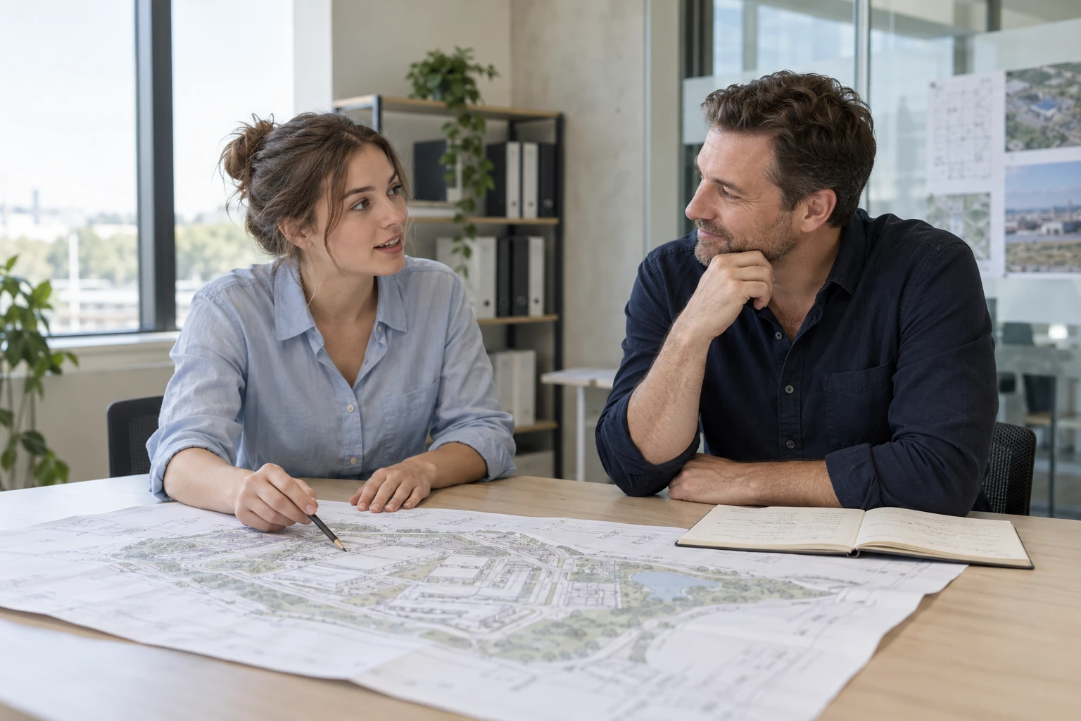 AI-generated contextual scene of a young professional discussing a project drawing with a mentor