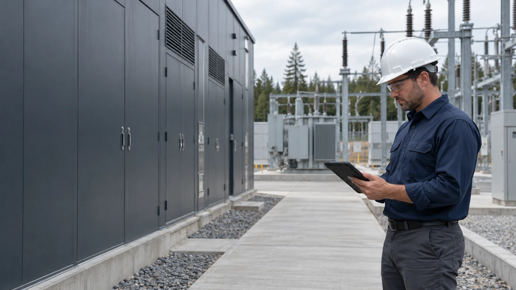 AI-generated contextual scene of an engineer reviewing a tablet beside closed electrical equipment at a power-infrastructure site