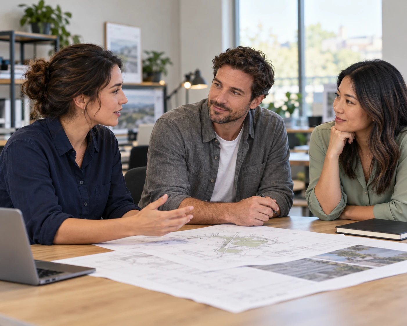 AI-generated contextual scene of three professionals discussing project drawings around a shared table