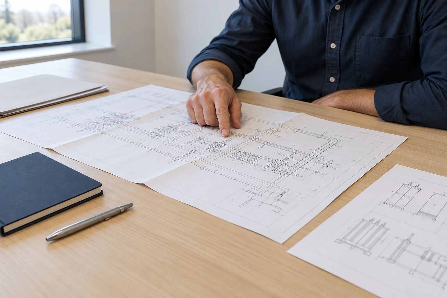 AI-generated contextual scene of a professional reviewing infrastructure drawings at a desk