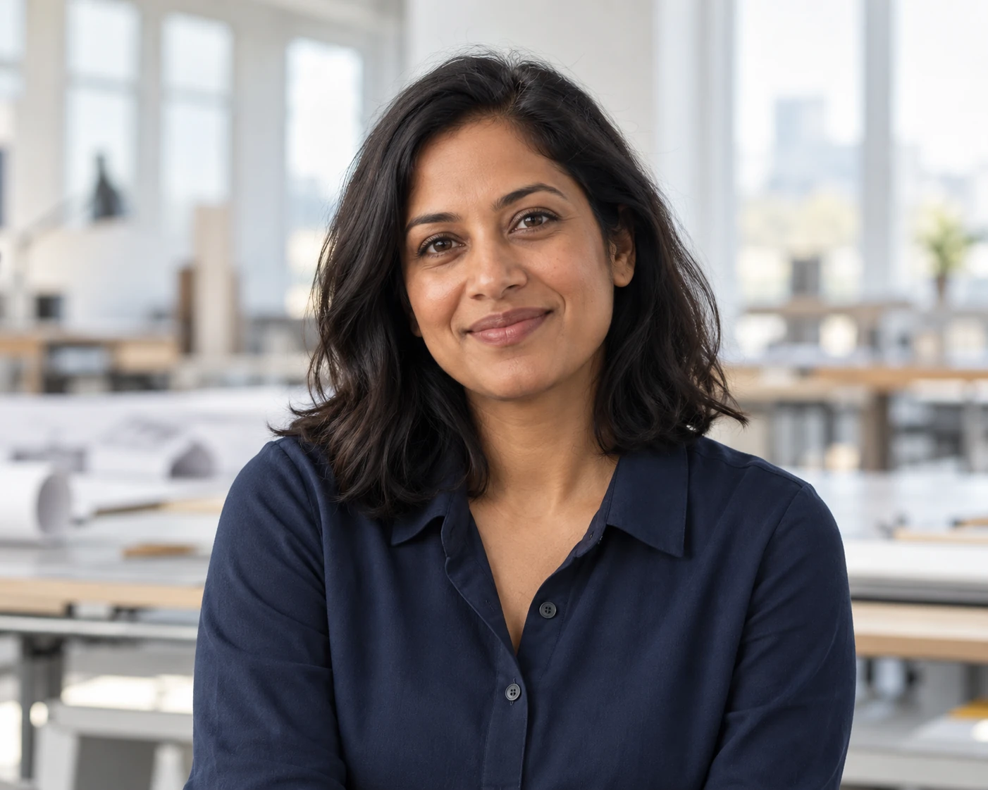 AI-generated illustrative portrait of a smiling professional in a softly lit office